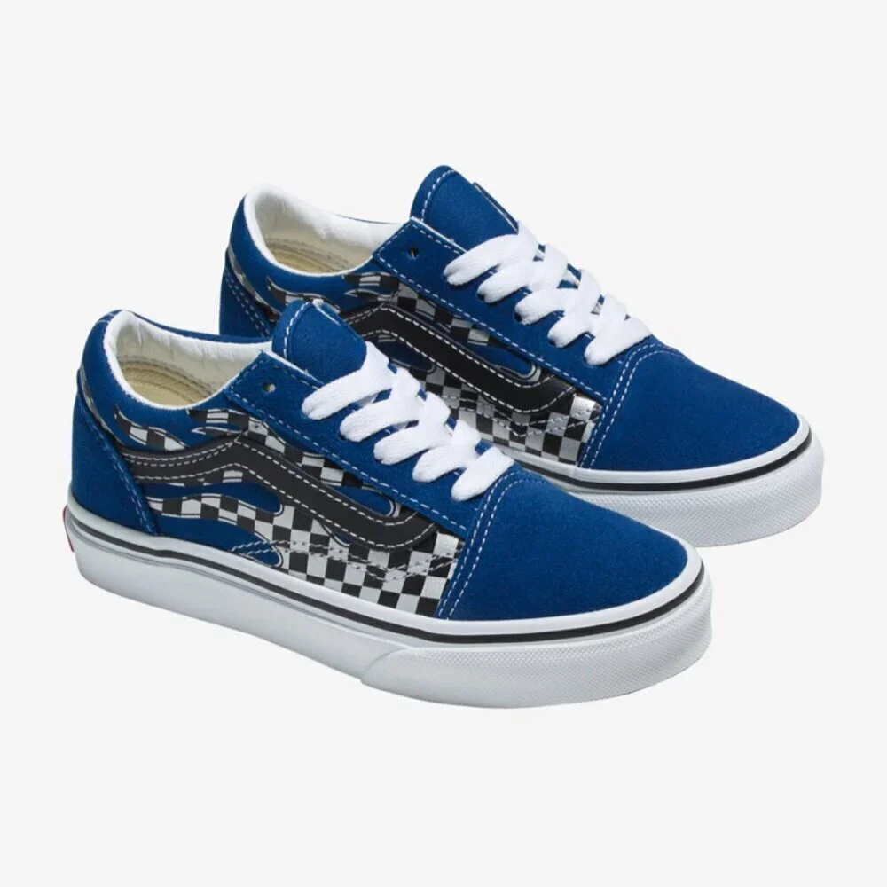 Vans Old Skool Flame Royal Blue w Checker Print Kids size 3 NWT - Picture 3 of 4
